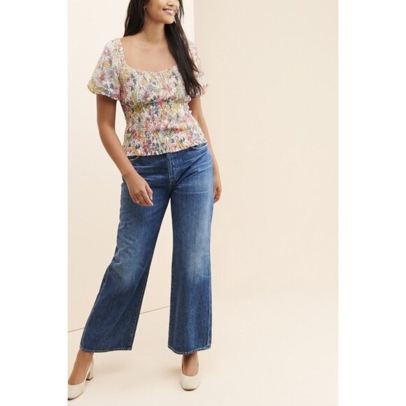 By Anthropologie Aurelia Floral Smocked Mesh Net Top Small Puff Sleeve - Picture 12 of 12